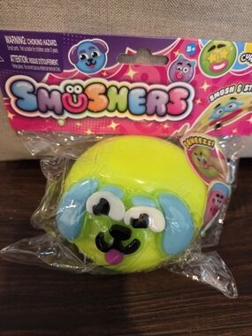 Smusher Bright Yellow & Blue Squeezable Dog Face Toy - Usher